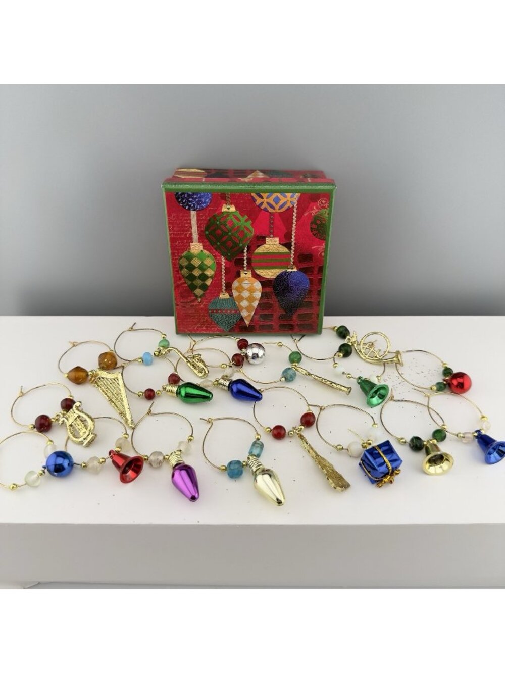 Holiday Wine Glass Charms Lot of 18 Bells Christmas Lights Presents French Horn